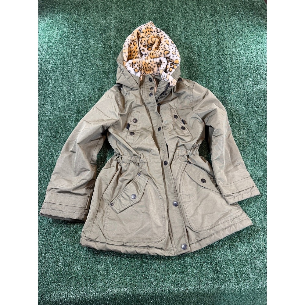 Urban Republic Girls Olive Parka Leopard Faux Fur Hood Jacket Size M 10/12